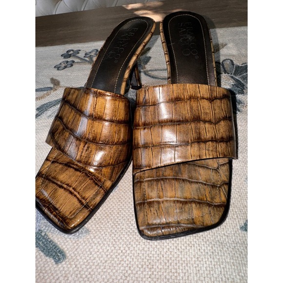 Franco Sarto Brown Croc Embossed Square Toe Kitten Heel Mules Slides 7M - Picture 4 of 4